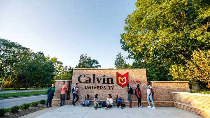 Calvin University entrance with students
