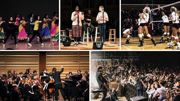 A mural of on-campus events featuring dance, worship, athletics, and performance arts.