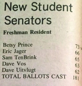 Student senate election results in a May 1976 edition of Chimes.