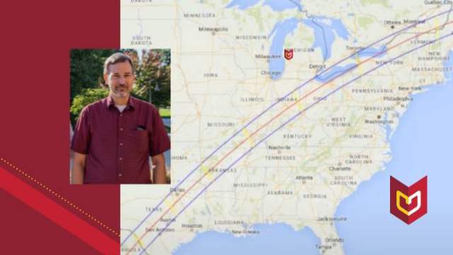 Image of Professor Larry Molnar over a map of the U.S. with lines for Path of Totality.