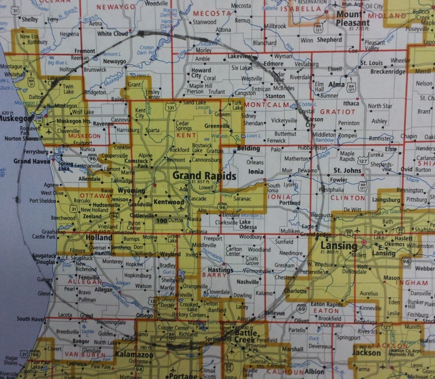 Close up of Grand Rapids area map, circle at 40 mile radius