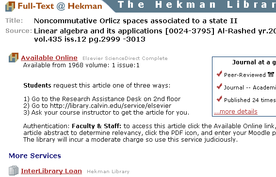 Screenshot of Full-Text @ Hekman page about a specific article.