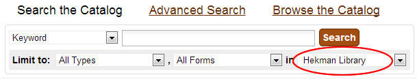 Screenshot of Hekman Library catalog search with the "Hekman Library" option circled in red.